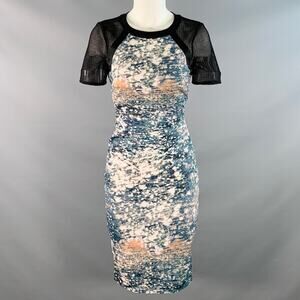 KAREN MILLEN Size 4 Black Green White Acetate Blend Abstract Mesh Sleeves Dress